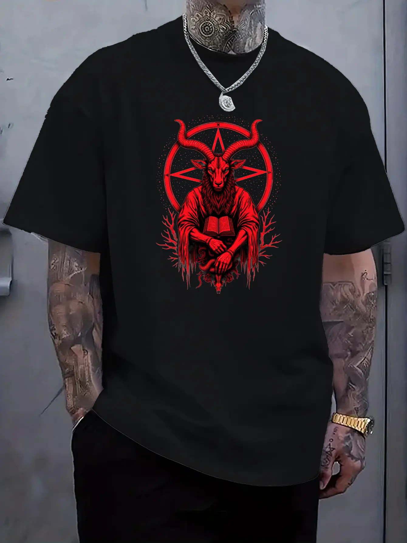 Men'S White Crew Neck T-Shirt with Bold Red Baphomet Satanic Symbol Print - Casual & Outdoor Occasion Regular Fit Tee Machine Washable Graphic Top for Hiking Spring/Summer Wear Comfortable Fit