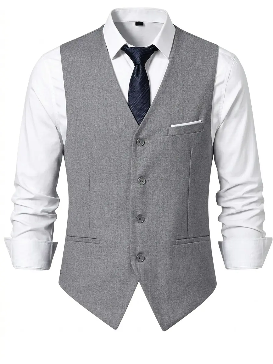 Men's Fitted Polyester Blend Light Grey Sleeveless Suit Waistcoat Vest - All Seasons, Dry Clean, Business Casual Office Layering Piece, Plain, Adjust-Fit Men's Suit Vest, Basic