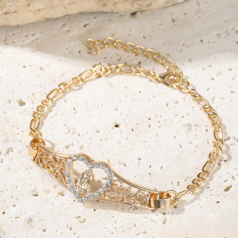 Gold Tone Charm Bracelet with Virgencita de Guadalupe Medallion, Heart & Cross Charms, Religious Fashion Accessories for Women