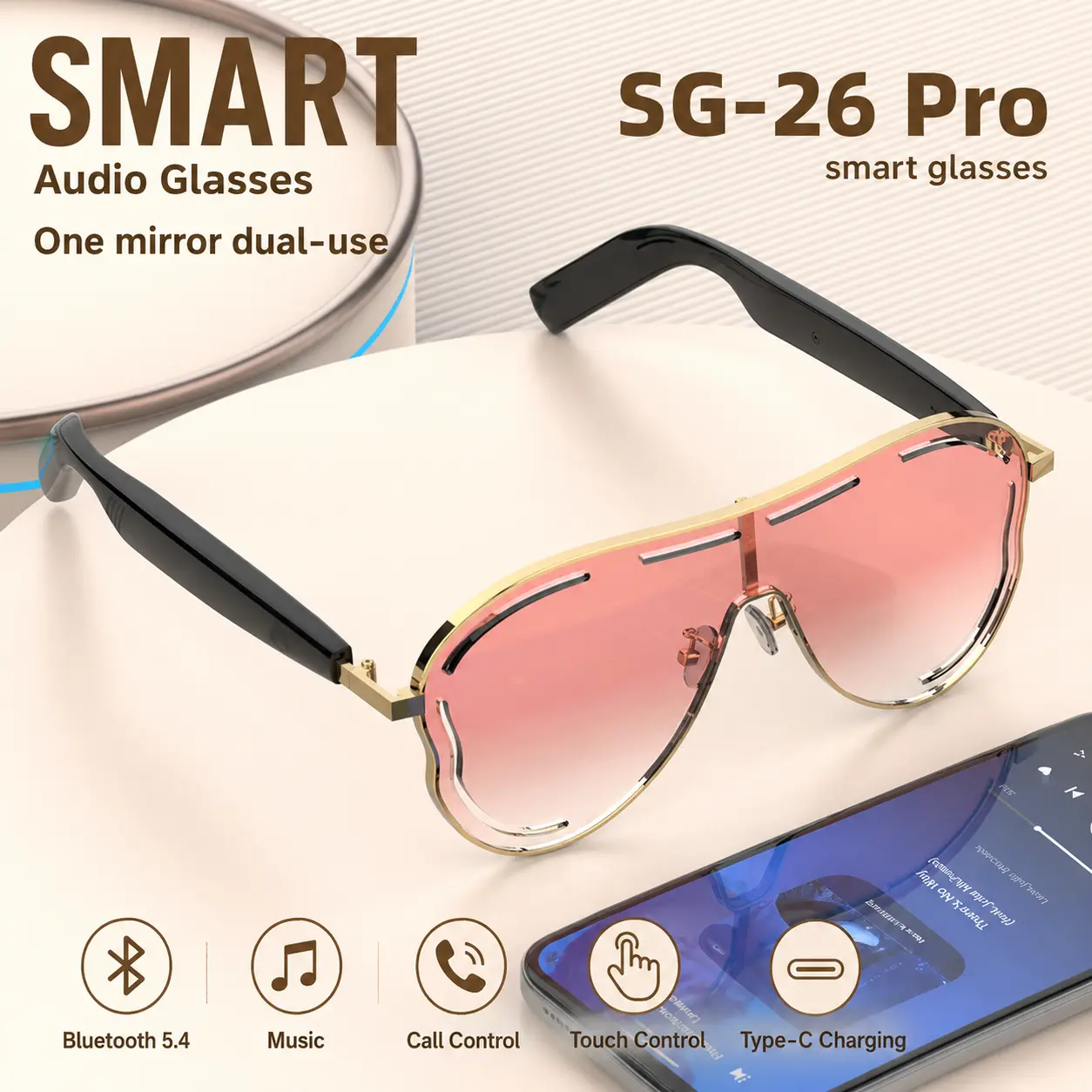 【Bluetooth 5.4】SG-26 Pro Smart Audio Glasses with  Wireless Music, Bluetooth Calls, Touch Control, Built-in Mic, Type-C Charging, for Commute, Café, Shopping and Travel,back to school,back to school haul