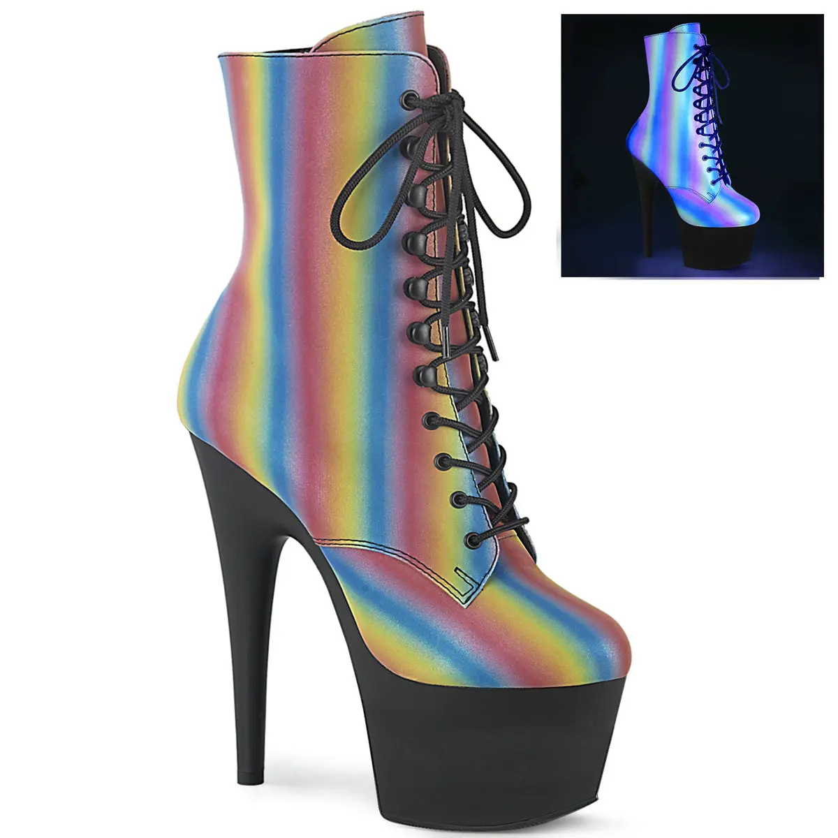 Women's 7-in Lace-Up Platform Boot - Rainbow Reflective, 7-Inch Heel, ADORE-1020REFL-02, Fashionable Women's Footwear
