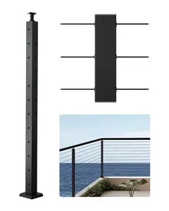 Cable Railing Post for Corner Installations, 42x2x2 Inches Stainless Steel Cable Rail Post with L-Shaped Pre-Drilled Holes, Includes Horizontal and Curved Bracket, 1-Pack, Black Finish, Model 1JZLGZXHS1065S1EW001V0