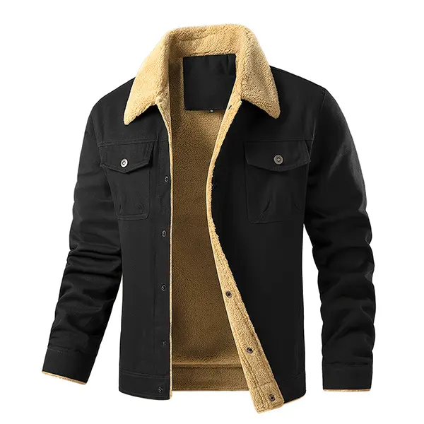 Grangclad men's Winter Jacket Sherpa Fleece Lined Cargo Coat Warm Thick Trucker Jacket with Multi Pockets Black Vintage