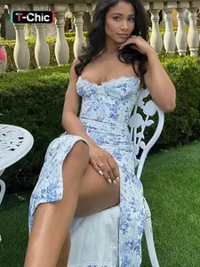 Women's Ditsy Floral Print Contrast Lace Spaghetti Strap Side Split Bodycon Cami Dress, Boho Style Sleeveless Midi Dress for Beach Holiday Vacation