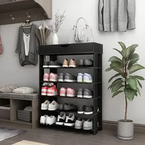 soges 5-Tier Wooden Shoe Rack with Storage Cabinet, 29.5 inches Vertical Free Standing Shoe Shelf, Shoe Organizer Storage Cabinet for Entryway, Living Room, Hallway, Doorway, Black