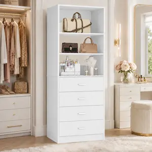 21.3" W Freestanding Closet System with 4 Drawers for Small Spaces, Walk-in Closet Organizer Tall Dresser & Display Shelf, Wood Vanity Storage Cabinet