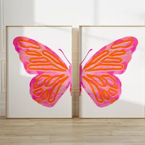 Set of 2 pink orange split butterfly wall art set preppy y2k room decor for teens, college apartment decor aesthetic wall art dorm room essentials