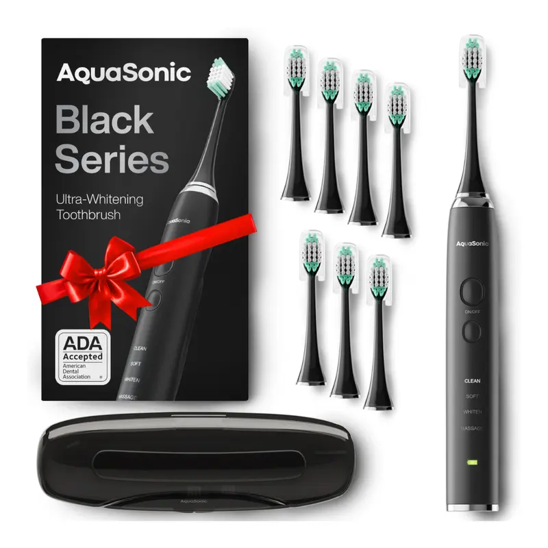 AquaSonic Black Series Sonic Whitening Toothbrush with 8 Brush Heads and Smart Vibration Timers - Handle, Waterproof toothbrush Rechargeable Electric