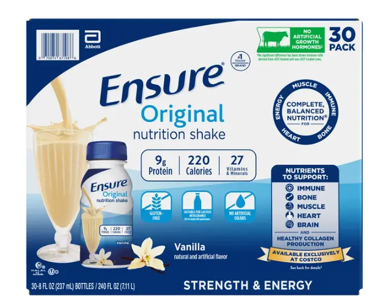 Ensure Original Premium Halal Milk, 8 fl. oz Ambient Balanced Meal Replacement & Protein Drinks with Biotin, High-Protein Vitamin Beverage, Ready-to-Drink for Adults, 30-Pack Vanilla Flavor