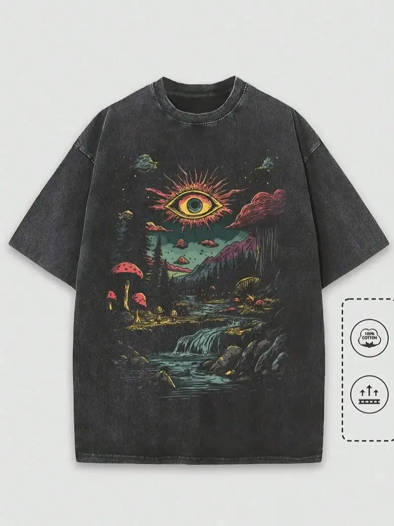 Vintage Acid Wash Oversized Graphic Tee Trippy Third Eye Mushroom T-Shirt Y2K Grunge Streetwear 100% Cotton Heavyweight Shirt