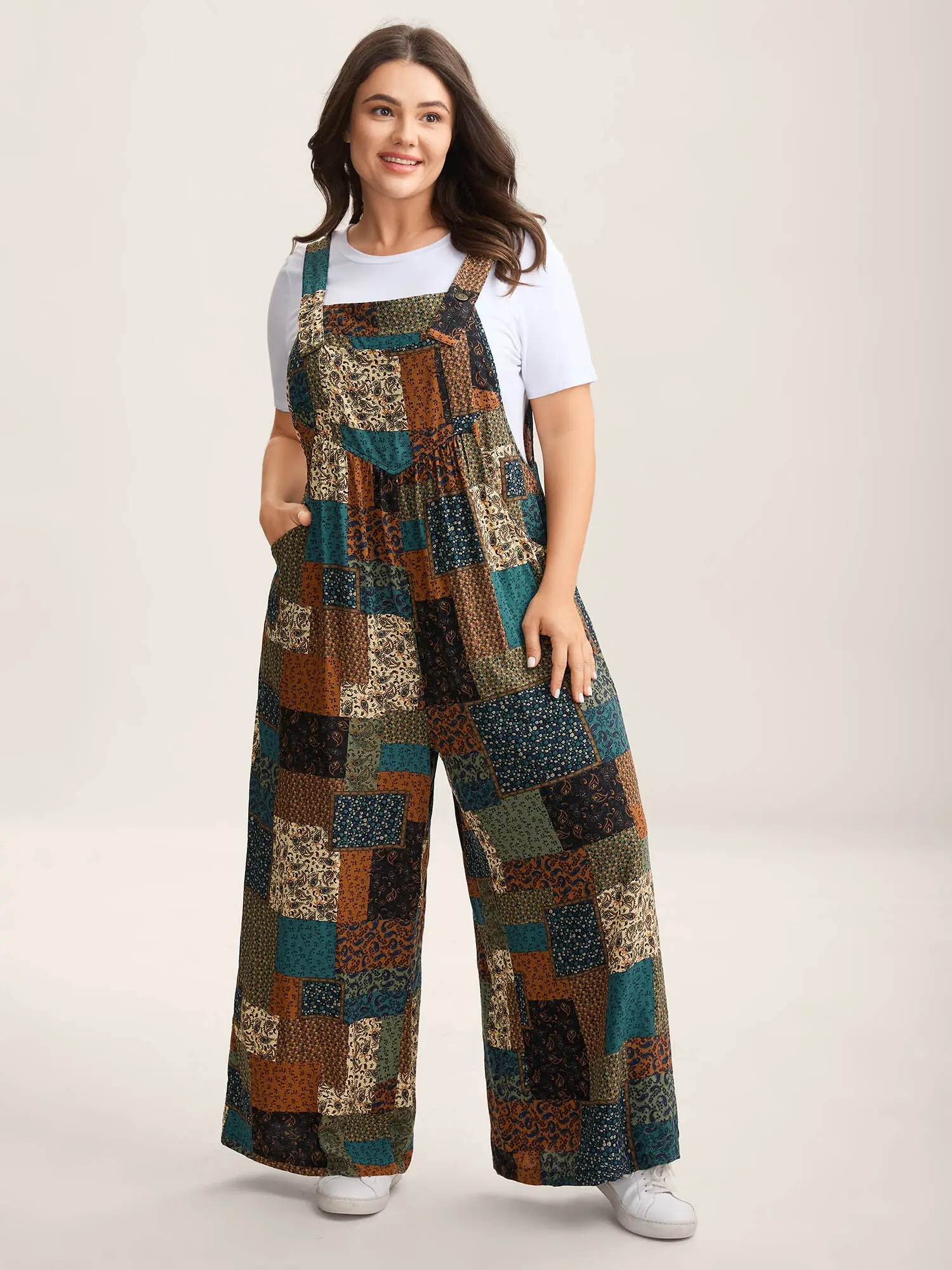 BLOOMCHIC Women's Plus Size Vintage Paisley Overalls - Sleeveless,Pocketed,Casual Fitted Romper,Boho Style Clothes,[M-6X]Strapless Denim Jumpsuit,summeroutfits,vacationoutfits,Summerfinds