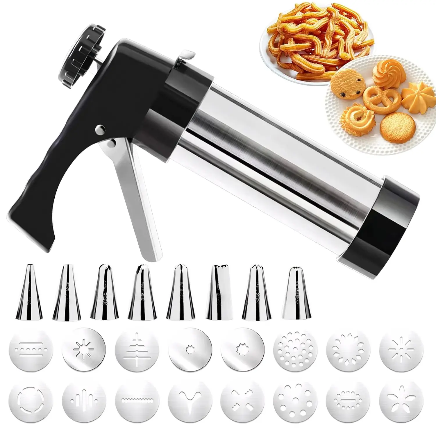 SEGRASS Stainless Steel 3-In-1 Press-Style Reusable Kitchen Bakeware Utensils Kit - Churros Gun, Reusable Piping Bag, 8 Pastry Nozzles, 16 Dough Cookie Cutters for Adults’ Churro, Cookie DIY