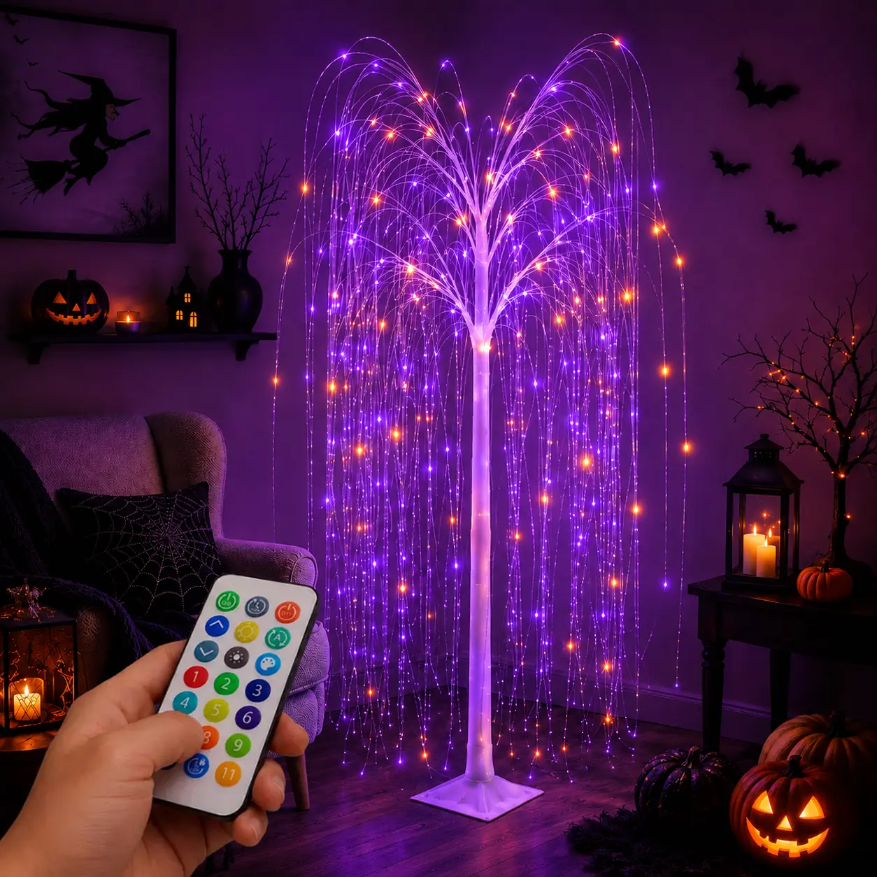 6FT LED Artificial Halloween Willow Tree Lights - 12-Color RGB Strip, Remote Control, Fiber-Optic Branches, Decoration Ornaments - Ideal for Room Decorations, Home Use, Light Up Your Space