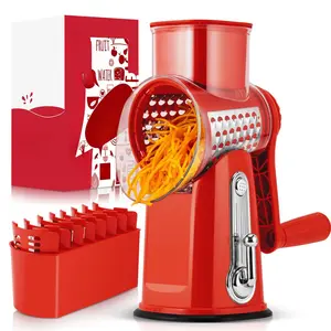 Rotary Food Cheese Grater with Handle, 5 Blades and Strong Suction Cup Base, Comes with 1 Blade Storage Box Kitchen Utensils Red Durable Vegetable Slicer Vegetable Cutting Slicer Vegetable Cutter