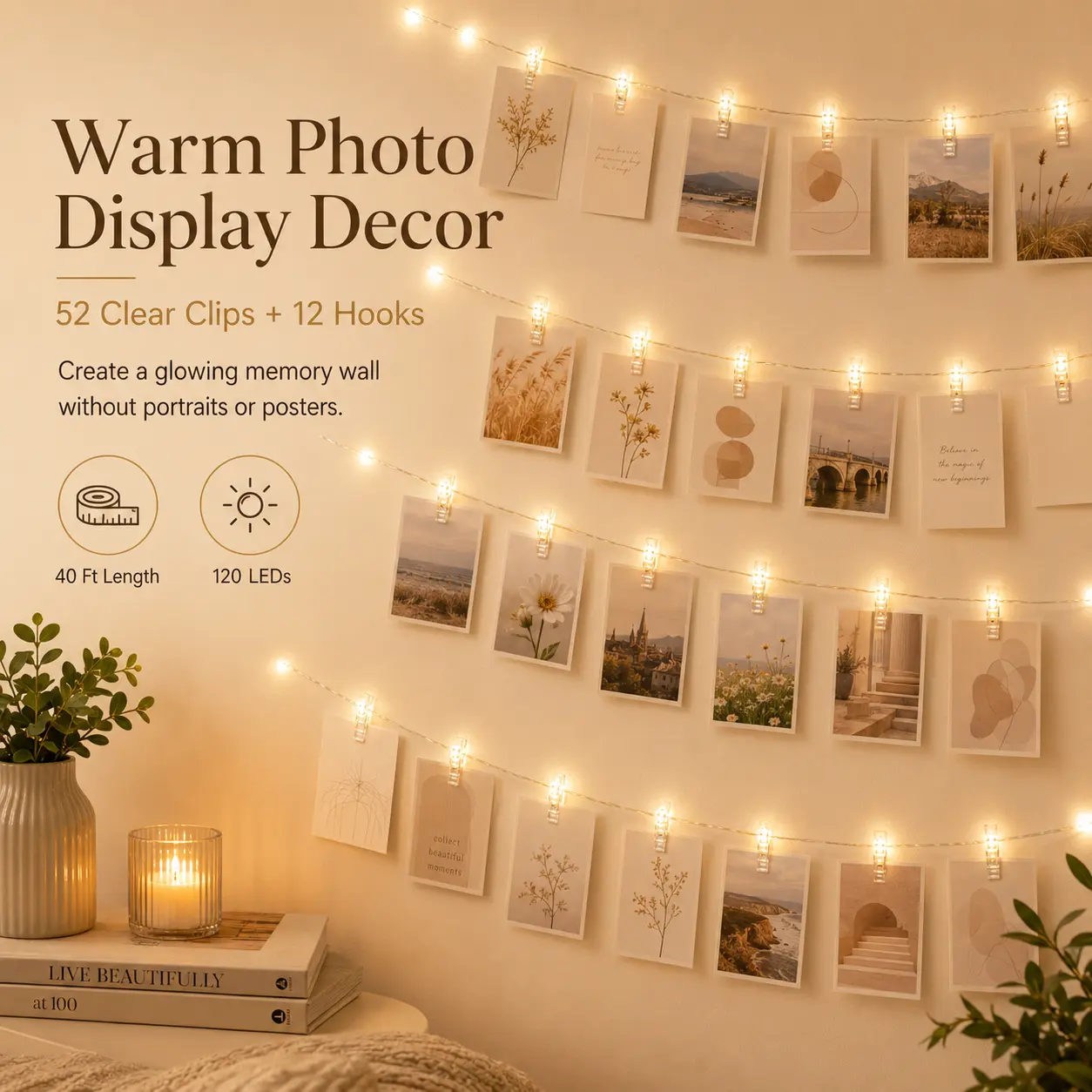 120LED Warm White 40Ft Fairy String Light with 52 Clear Clips & 12 Hooks, USB Powered, Waterproof, 8 Modes & Timer, Perfect for Indoor/Outdoor, Bedroom, Party, Wedding Decor