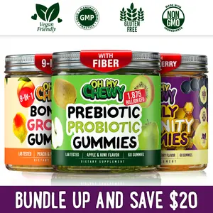 OH MY CHEWY Prebiotic, Probiotic and Fiber + Bones & Growth + Immunity Gummies Bundle – 3 Bottles (60 Each) – Apple Kiwi + Peach Mango + Elderberry Honey Healthy Snacks
