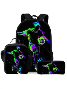 Holographic Football Print 3-Piece Backpack Set, Lunch Bag, Pencil Case, Backpack