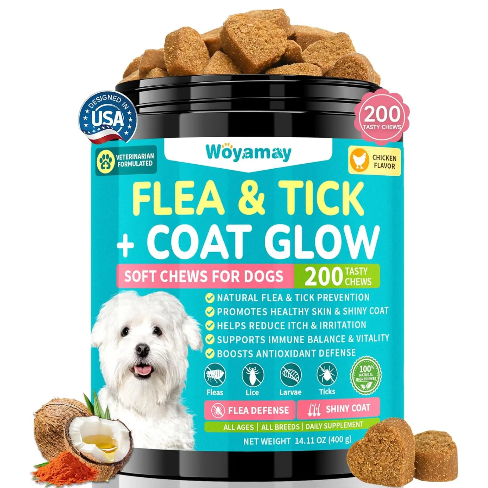Dog Flea and Tick Prevention + Coat Glow Chewables, Natural Flea and Tick Soft Chews for Dogs, Reduces Itch & Shedding with Fish Oil Neem Omega-3 Vitamin B, Chicken Flavor #DealsForYouDays #SummerWins