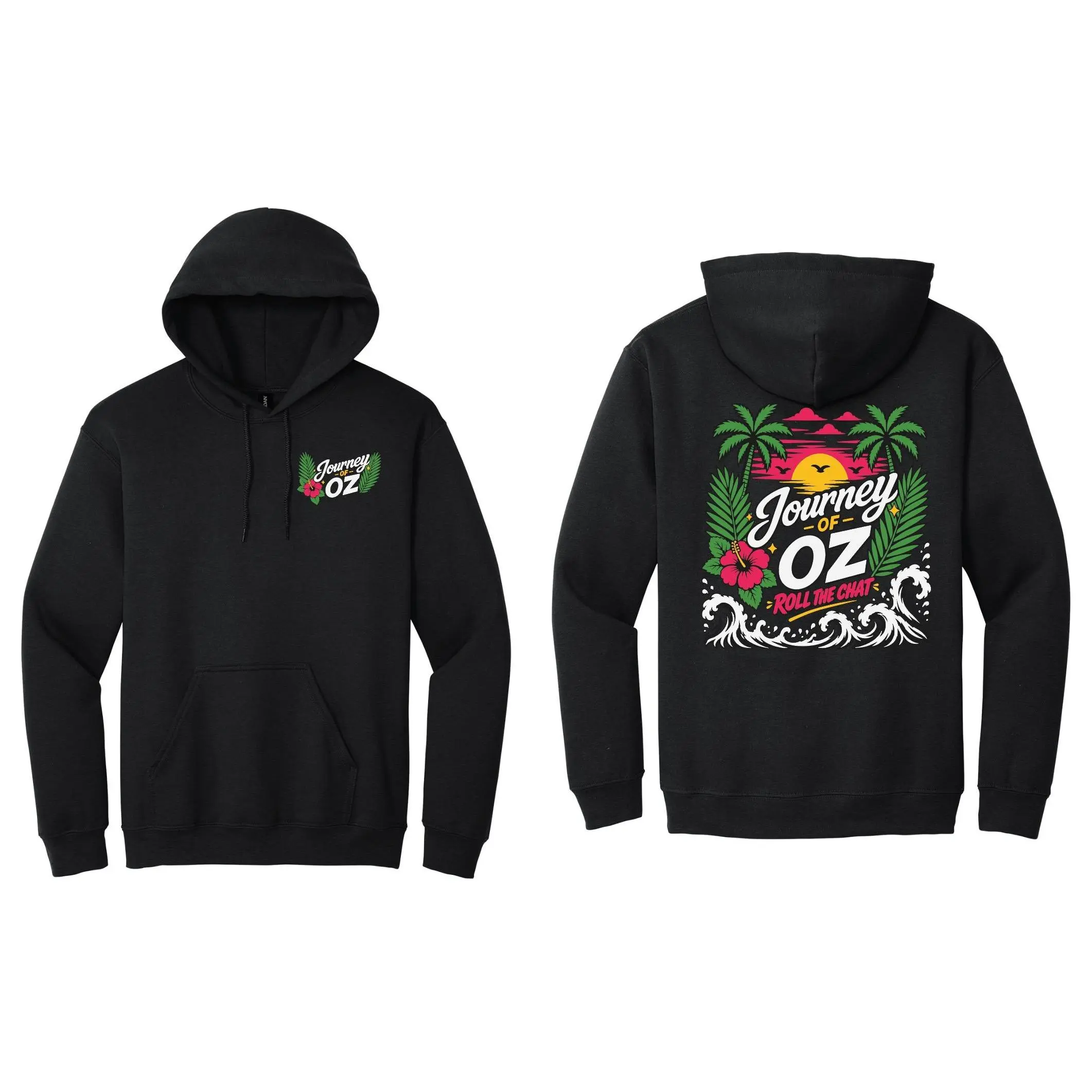 Men's Journey of Oz "Roll the Chat" Limited Edition Hoodie Top, Regular Fit Classic Pullover Sweatshirt, Fleece Yarn Fabric, Full Back Print, Tropical Cool Nights Everyday Wear