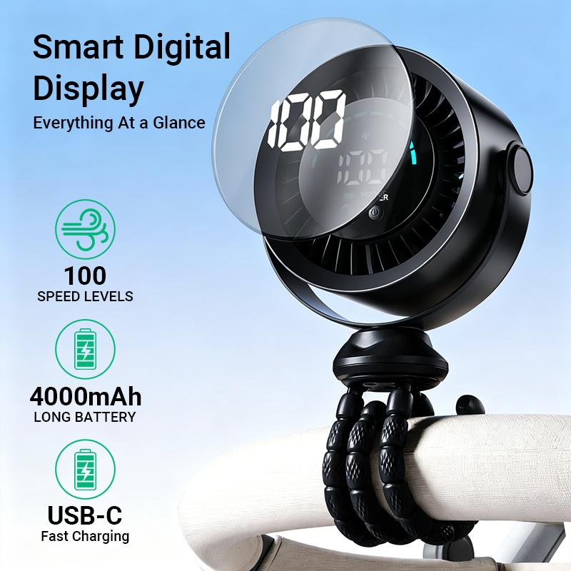 Qawtor 2026 Upgraded Portable Handheld Fan with LED Display, Flexible Tripod, 360° Adjustable USB Rechargeable Clip Design, Tools and Gadgets, Mini Travel Products for Travel Stuff Use,back to school,back to school haul