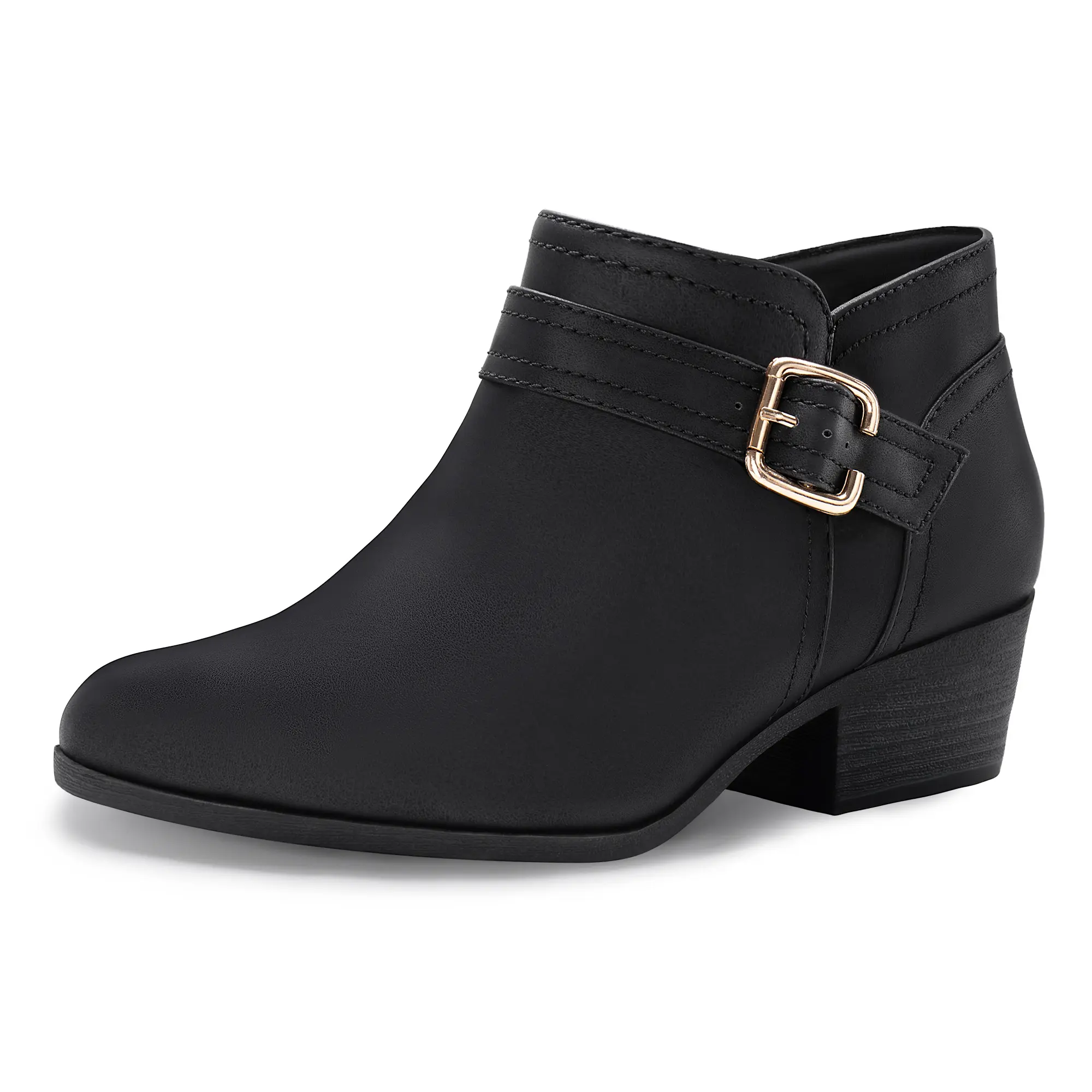 Women's Classic PU Ankle Boots with Pointed Toe, Chunky Low Block Heel and Side Zipper, Stylish Casual Shoe, Footwear