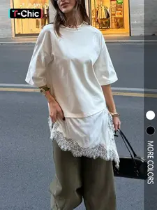 New summer arrival for women: a round-neck, short-sleeved, Loose T-shirt with an asymmetrical hem and lace detailing, perfect for everyday wear.