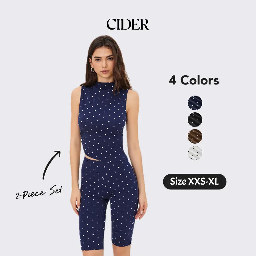 Cider 2-Piece Set Cotton-blend High Neck Polka Dot Asymmetrical Hem Top & Mid Rise Capri Pants Casual Womenswear Set Summer Sporty Style