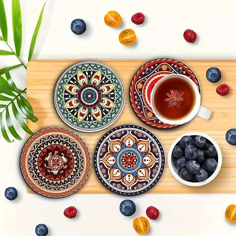 Boho Style Wooden Coaster, Round Coaster, 8 Counts/set Heat Resistant Non-slip Coffee Cup Mat, Decorative Coaster, Kitchen Coasters for Home Kitchen Dining Room