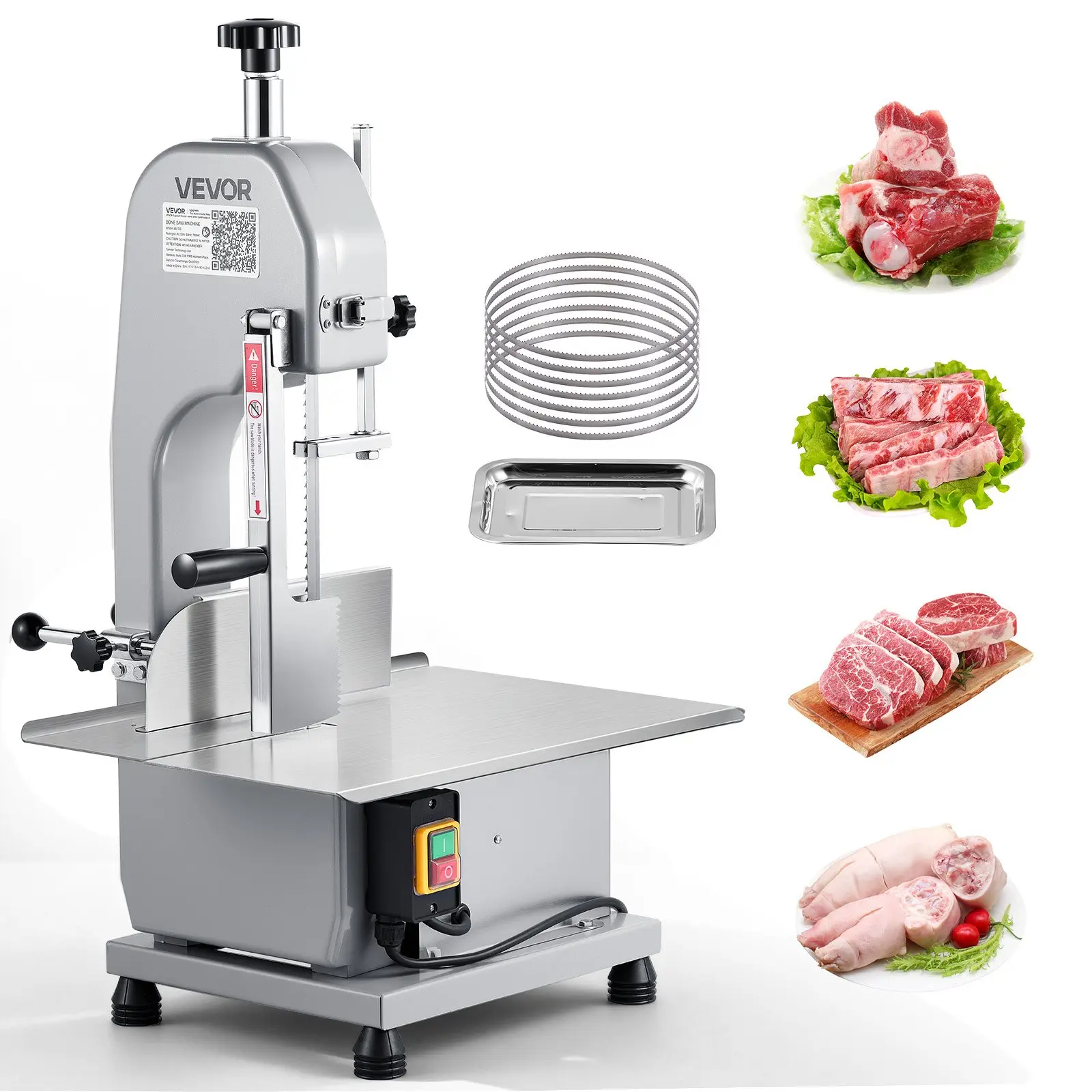VEVOR BS-130 Commercial Electric Meat Bandsaw, 1100W Power Aluminum Alloy Bone Sawing Machine with Openable Body & Stainless Parts, 12.4"x18.1" Workbench, 0-4.3" Cutting Thickness, 7 Extra Blades, for Bone Slicing & Frozen Meat Cutting, Meat Cutters, Dura