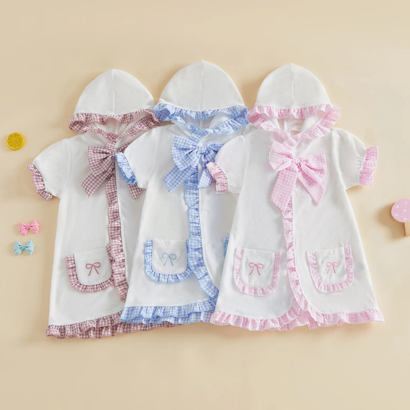 Toddler Baby Little Girls Swim Cover Up Short Sleeve Hooded Plaid Dress Kids Pool Beach Robe Summer 1-6 Years