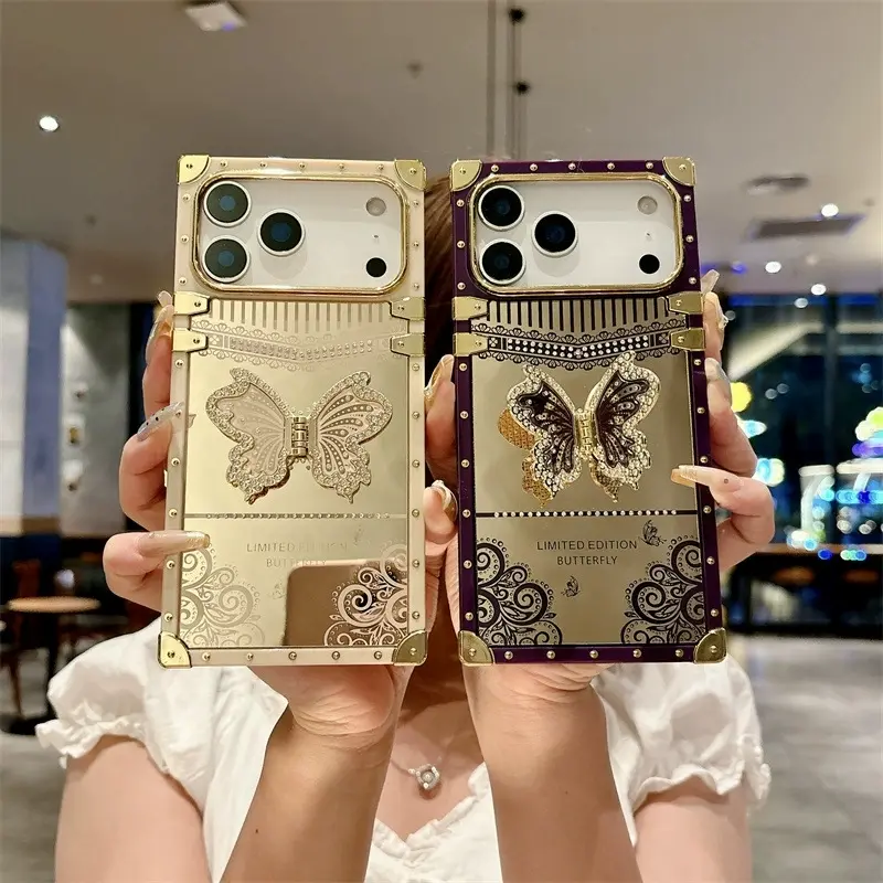 Compatible with iPhone 18 PRO MAX/18 PRO/18/17 Pro Max/ 16/15/14/13/12 electroplated butterfly stand protective case square mirror phone case-HN424-1