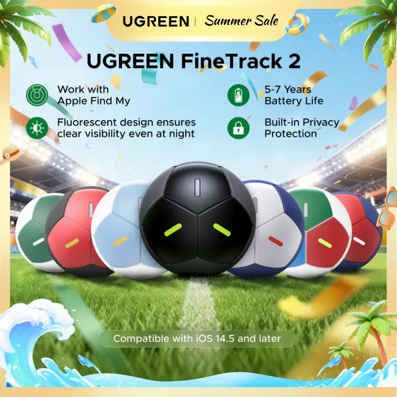UGREEN FineTrack2 Air Tracker Tags (iOS Only),Soccer-Shaped Key Finder Compatible with Apple Find My,7-Year Battery Life Bluetooth Tracker for Keys, Bags and More summerwins Waterproof Sports Tracking Wireless Tag,Summer Sale