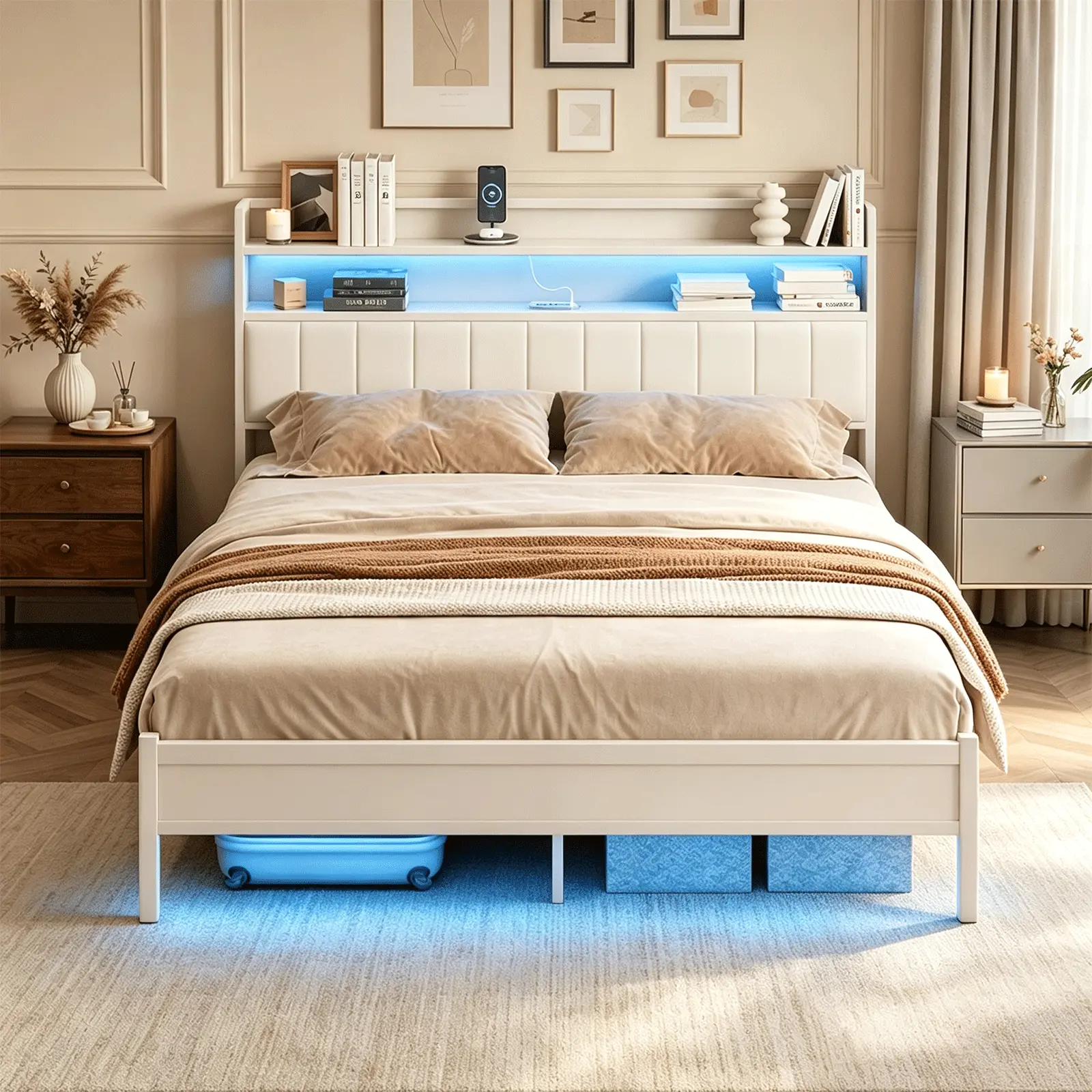 King Size Bed Frame with Smart LED Lights, Storage Headboard with USB Charging Station, Metal Platform Bed Noise Free, Easy Assembly, No Box Spring Needed queen strong  slat