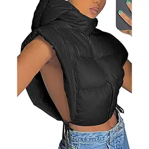 UANEO Hooded Side Slit Sleeveless Tie Short Puffer Jacket for Women Casual Fitted Minimalist Basic Tops & Vests Womenswear Adjustable Versatile Fashion