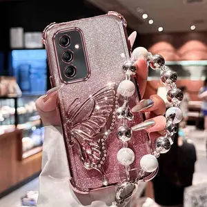 Durable Protective PC Pearl & Silvery Beaded Wrist Strap Phone Case Cover with Desk Stand Compatible to Models Samsung Galaxy A15 A13 A14 A16 4G 5G Glitter Butterfly Casing