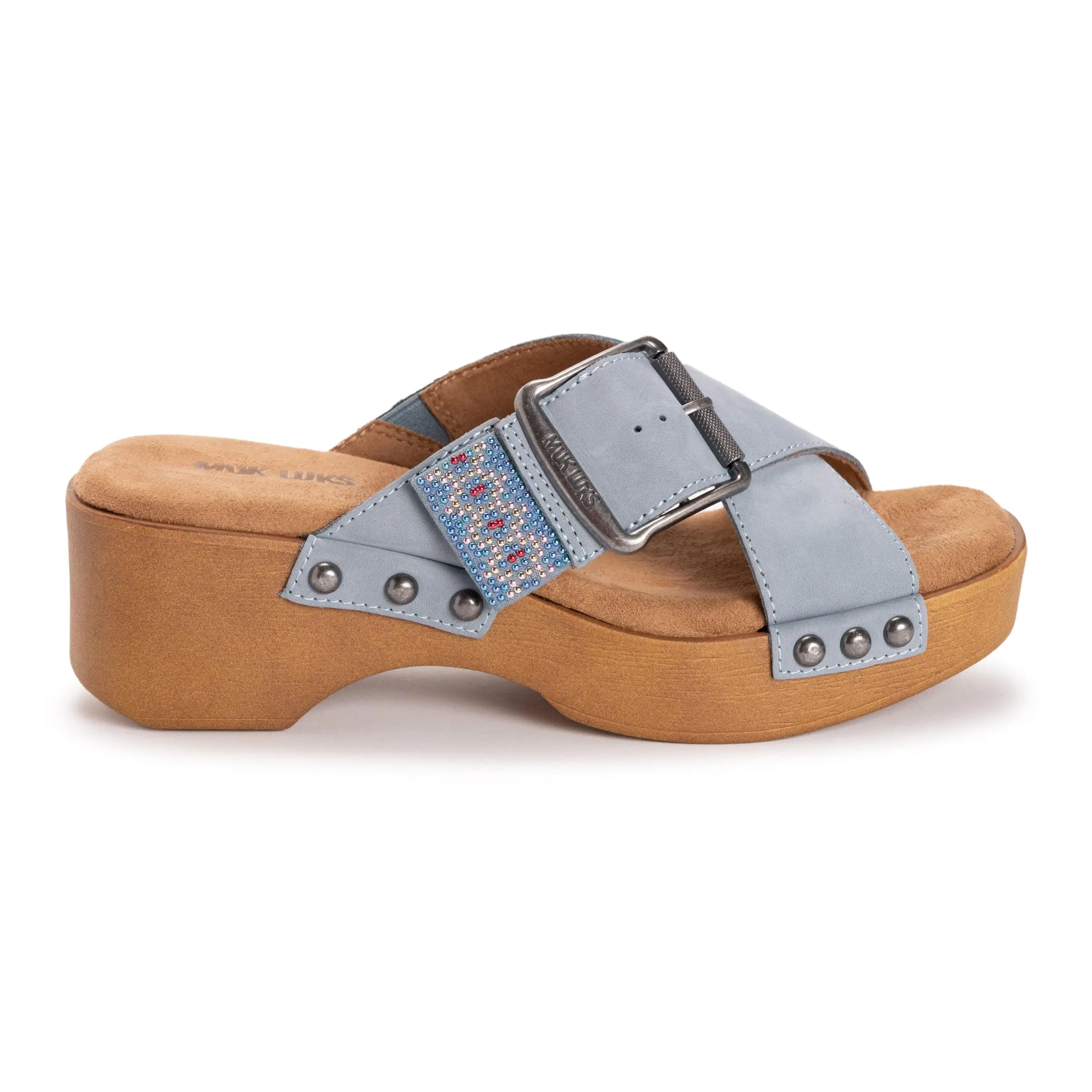Muk Luks Women's Charlotte Genuine Nubuck Leather Slip-On Sandals - Casual Open-Toe Crisscross Fashion Footwear with Beaded Detail, Memory Foam Insole
