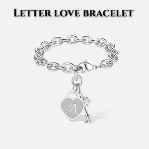Personalized Initial Heart & Key Charm Bracelet - Adjustable Size, Unisex, Durable & Lightweight, Perfect for Birthday, Graduation, Easter Gifts