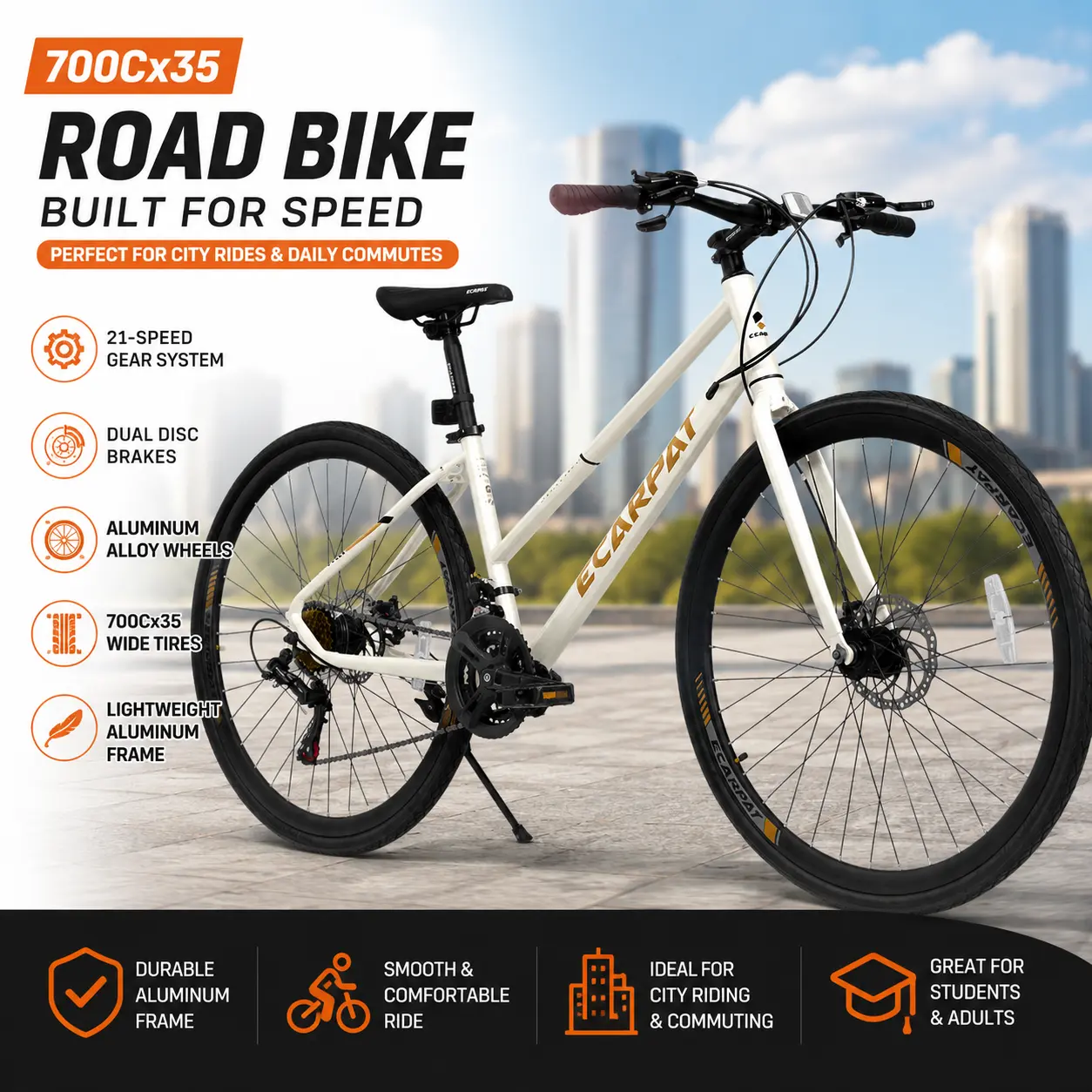 Elon 700C Road Bike 21 Speed Commuter Bicycle with Disc Brakes, Aluminum Alloy Wheels, and Wide 35C Tires.Ideal City Urban Bike for College Students, Daily Transit, Gravel Paths, and Adult Men Women Fitness Cycling Gear.