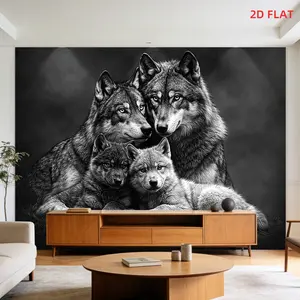 2D graphic print, 1 large patterned tapestry - wolf family, black and white color scheme, two wolves and two cubs, wolf pattern. Wall decoration for bedroom, living room, meditation area, office and party decoration, non-luminous. 2D graphic design