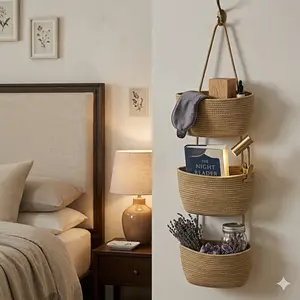 3-Tier Over the Door Storage Basket, Woven Cotton Wall-Mounted Jute Organizer for Nursery, Diapers, Toys, and Home Storage，Multi-Purpose Organizer, Collapsible StorageBaskets, Multipurpose Basket，