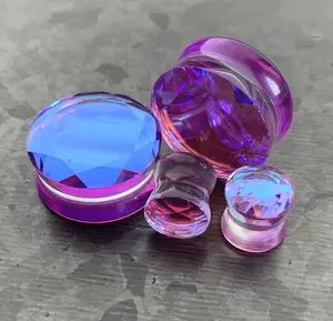PAIR of Stunning Faceted Mermaid Iridescent Glass Double Flare Plugs - Gauges 2g (6.5mm) thru 1" (25mm)