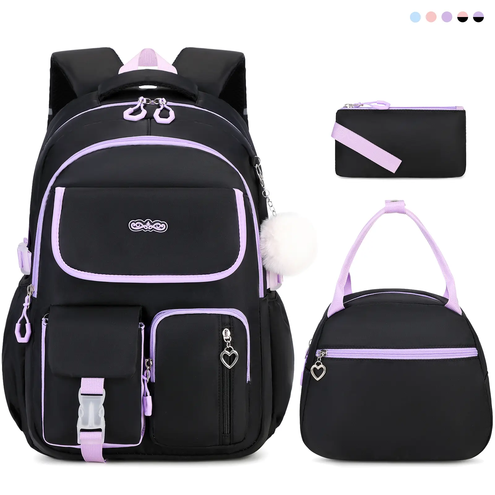 Girls Backpack - 3PCS Embroidered Backpack Set for Girls with Lunch Bag and Pencil Case, Cute School Bookbag for Elementary Middle High School Students, Back to School Supplies
