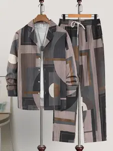 Men's Brown Geometric 2-Piece Loungewear Set - Long Sleeve Camp Collar Shirt & Matching Drawstring Pants, Soft Breathable Fabric, Relaxed Fit for At-Home Lounging, Lazy Weekends & Casual Evenings, Pyjamas Sleepwear