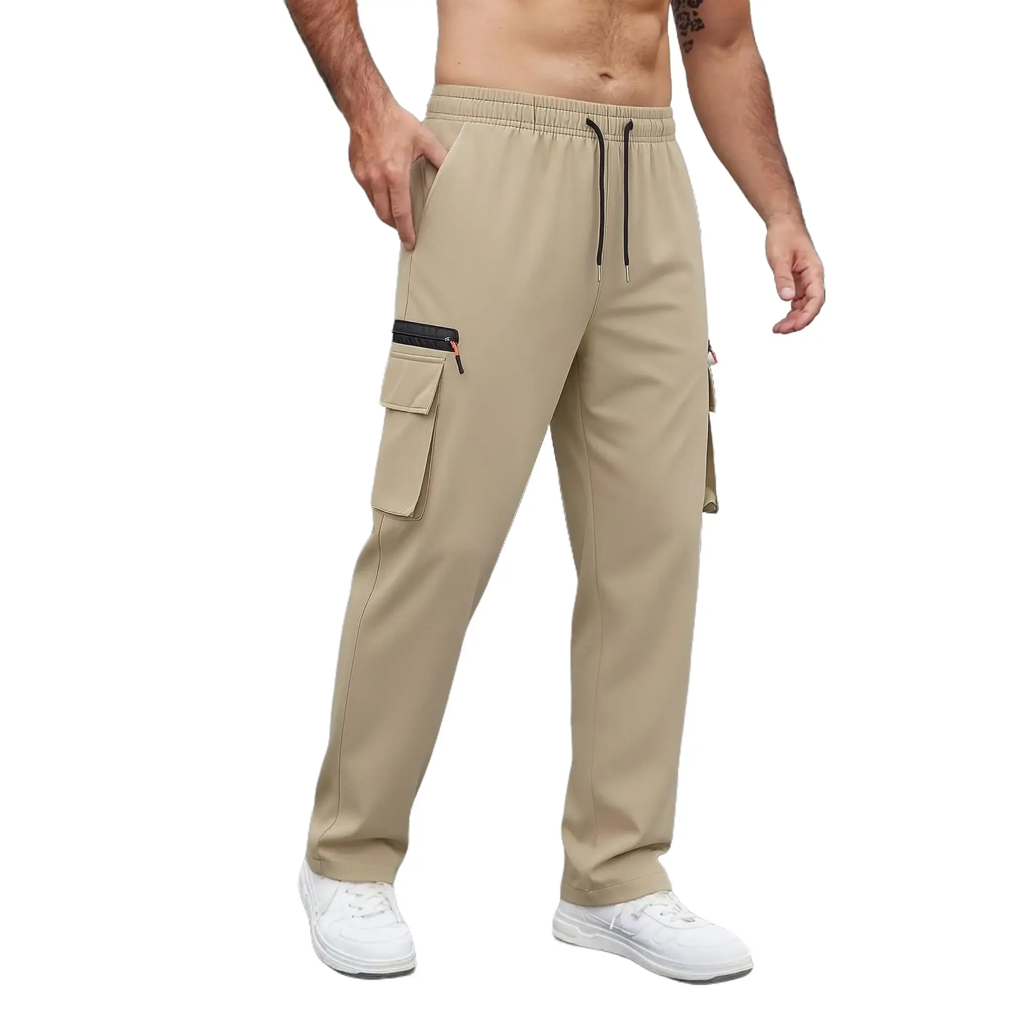 Men's Loose Fit Straight Cargo Trousers - Polyester, Adjustable Drawstring, Elastic Waist, Multi-Pocket Utility, Zip Flap Pockets, Lightweight, All Seasons, Street Wear Work Pants for Fishing, Daily Casual