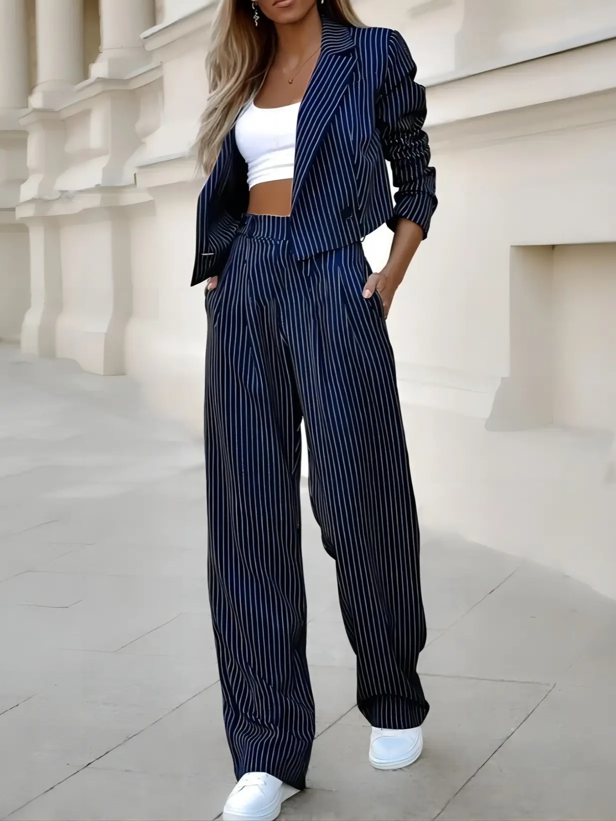 Elegant Navy Blue Pinstripe Blazer and Wide-Leg Pants Set for Women