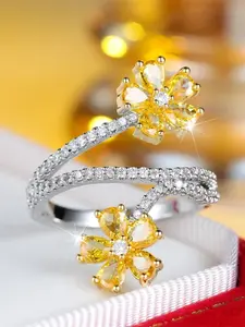 Elegant Yellow Flower Cluster Ring with Synthetic Zircon, Stackable Index Finger Rings for Women & Girls, Perfect for Engagement, Wedding, Daily Wear, Anniversary Gift