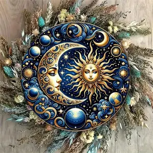 Celestial Sun & Moon Pattern Wall Art, Vintage Iron Round Wall Decor, Wall Hanging Decor for Home Living Room Bedroom Dining Room