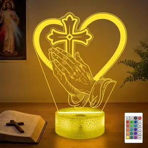 3D Prayer Night Light – Praying Hands & Heart Cross, 16 Color RGB LED, Christian Religious Gift for Women, Mom, Wife, Grandma – Meditation Bedroom Decor