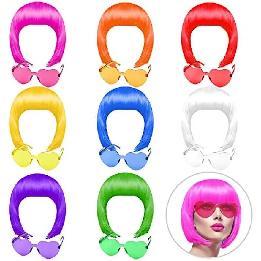 16 Piece Party Wig and Sunglasses Set, Neon Short Bob Wig Sunglasses Set Costume Colorful Cosplay Wig Everyday Party Hair Accessories for Bachelorette Party Neon Party Favors, Halloween and Decorations Masks 8Colors, Valentine's Day gift