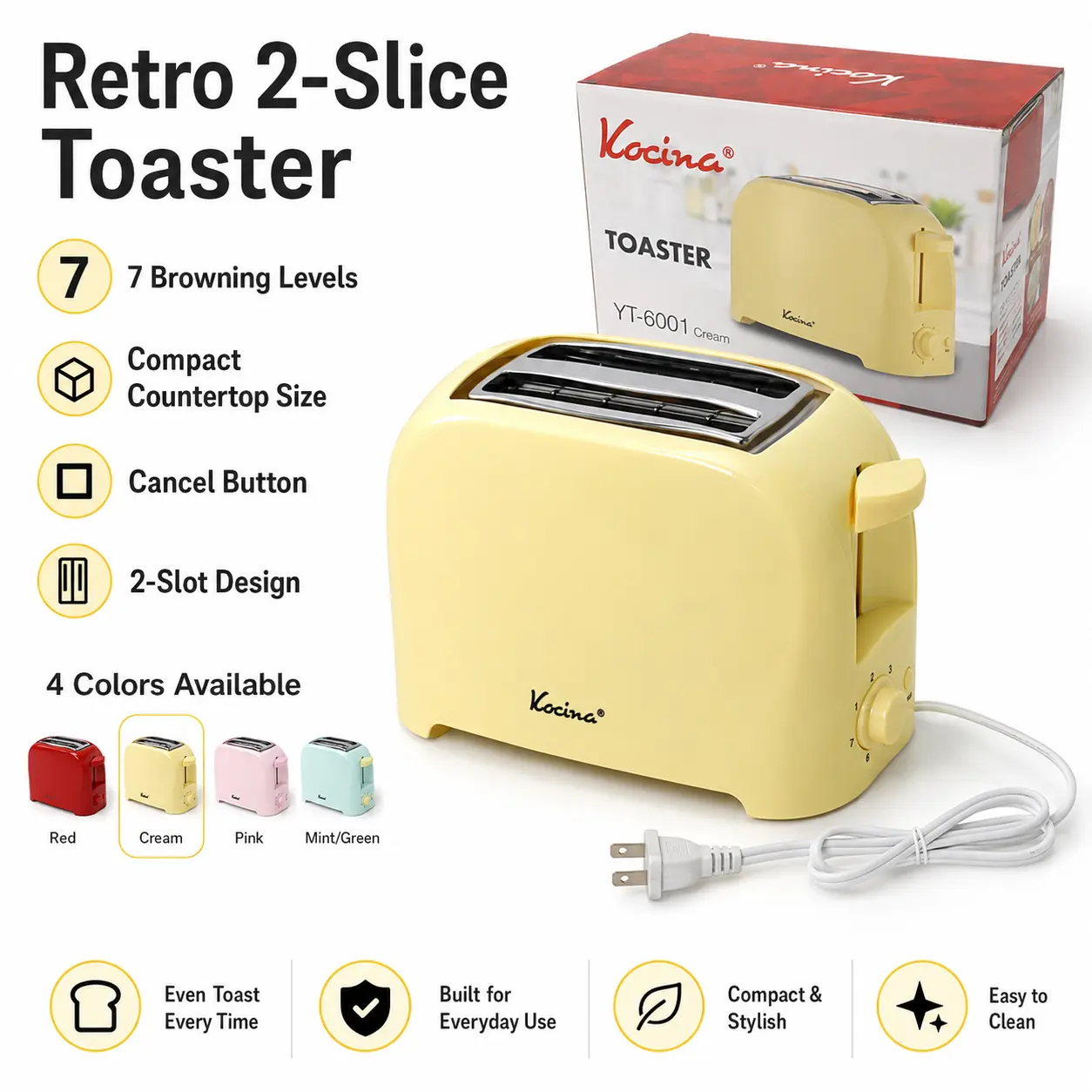 Aesthetic 2 Slice Toaster Cool Touch Retro Bread Toaster with 6 Browning Settings & Removable Crumb Tray for Bagels, Waffles, Breakfast, 750W 120V, Cream/Pink/Red/Green, Kitchen Decor, Home Essentials